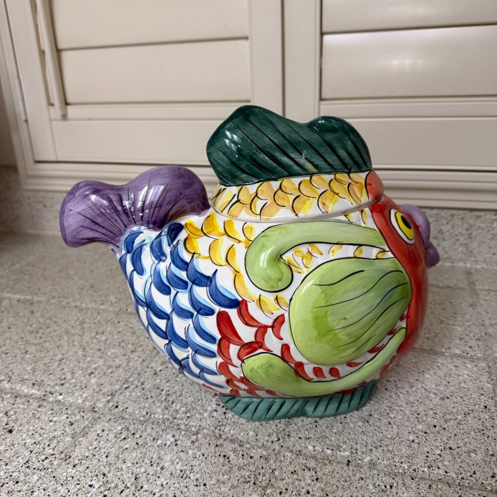 Vintage colorful koi fish ceramic cookie jar - Picture 7 of 10